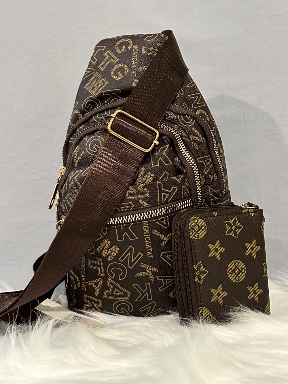 Brown Monogram Sling Bag with Adjustable Strap and Credit Card Case NWT’S
